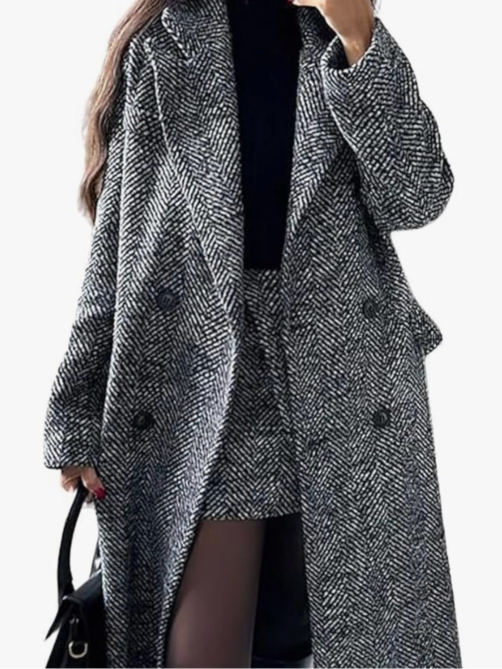Chouyatou - Women's Winter Casual Herringbone Wool Coat Double Breasted - XL - Picture 2 of 5